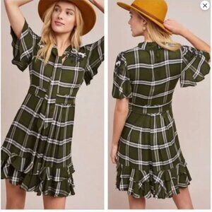 Ranna Gill Olivia Anthropolige Green Plaid Dress XS with Floral Embroidery